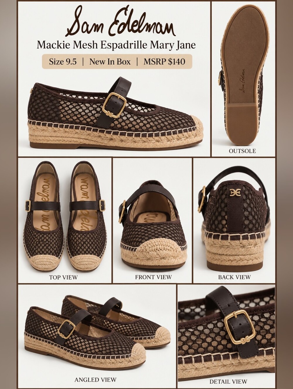 Sam Edelman Mackie Mesh Espadrille Mary Jane — Dark Brown with Natural Jute NIB